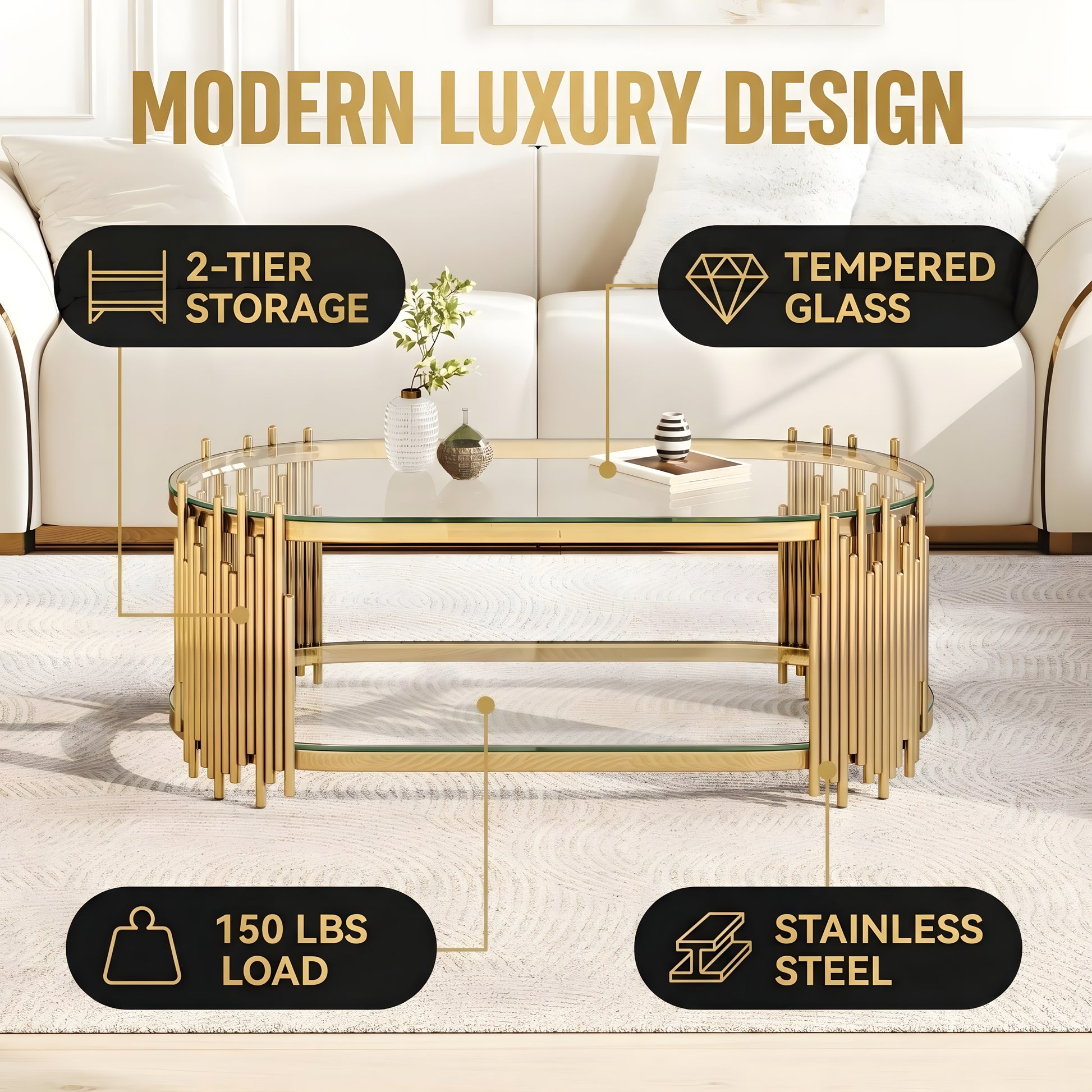 Luxury Gold Coffee Table with 2-Tier Tempered Glass Shelves, Modern Oval Center Table for Living Room, Polished Stainless Steel Frame, Artistic "Organ Pipe" Design, 47" x 23.6" x 17.7" image 5