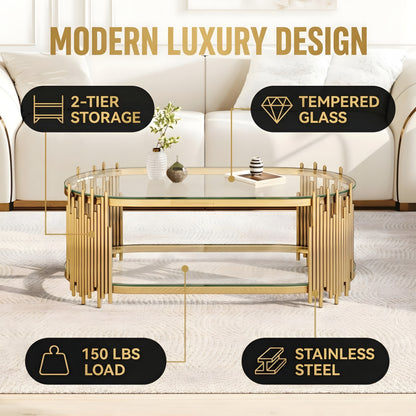Luxury Gold Coffee Table with 2-Tier Tempered Glass Shelves, Modern Oval Center Table for Living Room, Polished Stainless Steel Frame, Artistic "Organ Pipe" Design, 47" x 23.6" x 17.7" image 5