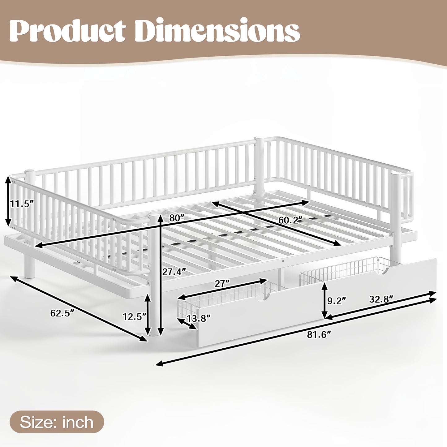 Queen Size Platform Bed with Storage Drawers, Metal Daybed Frame with Upgraded Safety Round-Pipe Design, Low Profile Design, White image 7