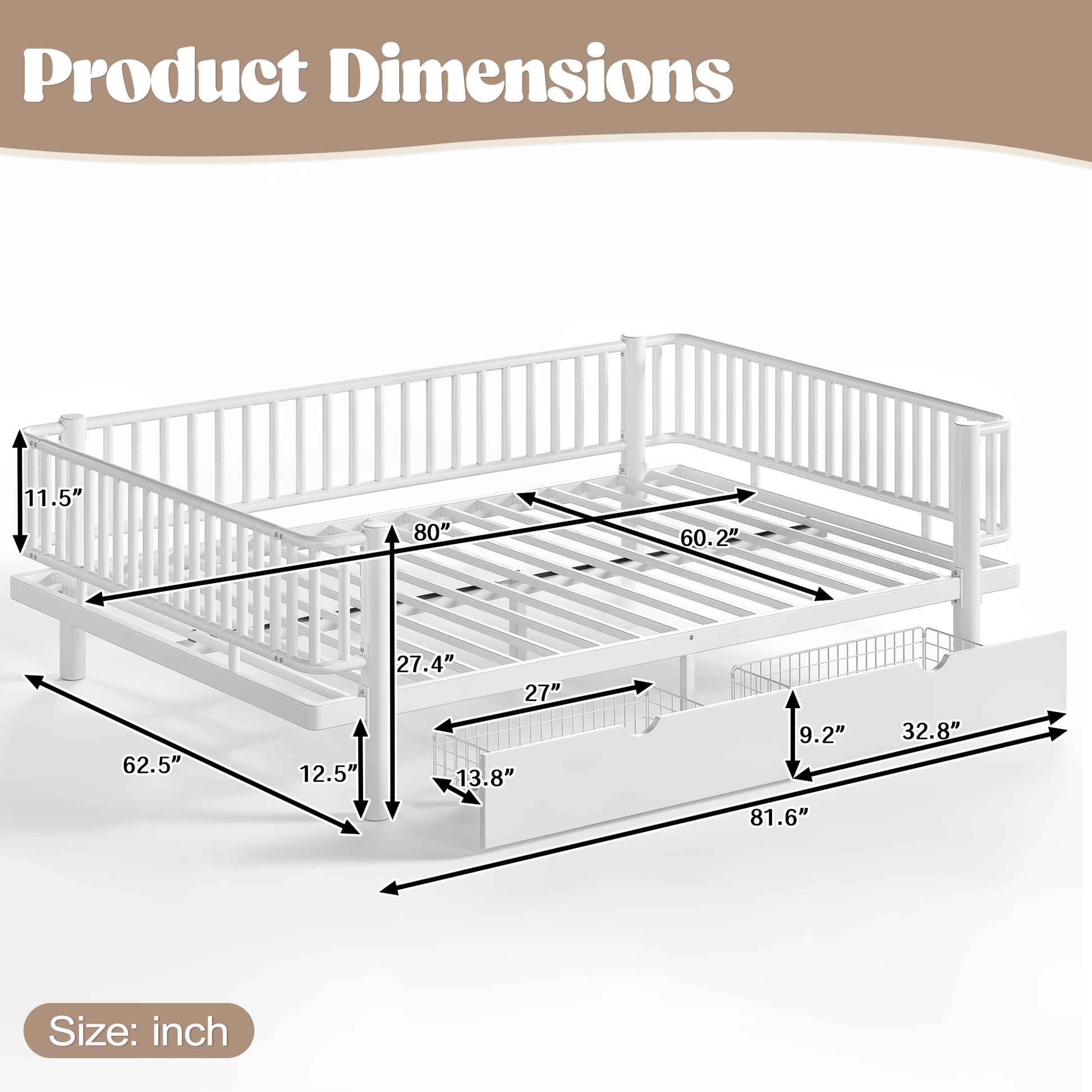 Queen Size Platform Bed with Storage Drawers, Metal Daybed Frame with Upgraded Safety Round-Pipe Design, Low Profile Design, White image 7