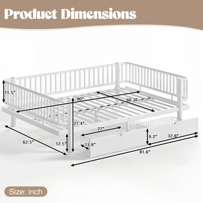 Queen Size Platform Bed with Storage Drawers, Metal Daybed Frame with Upgraded Safety Round-Pipe Design, Low Profile Design, White image 7