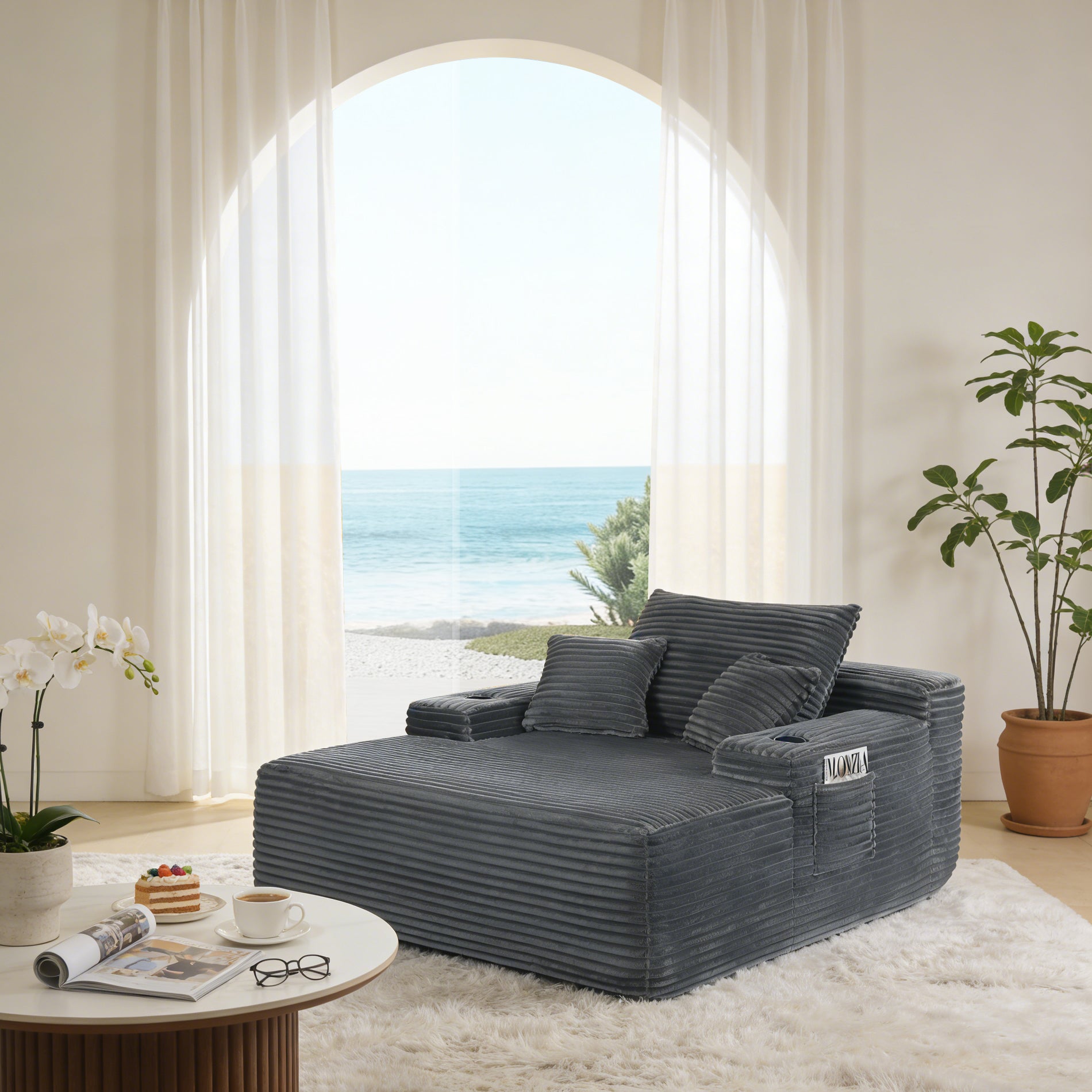 NEW Convertible Chaise Lounge Chair Plush with Wide Armrest & Throw Pillows, Cozy Boneless Sleeper Sofa Bed Armchair,with cup holder, for Living Room, Bedroom, No Assembly Required,Grey image 3