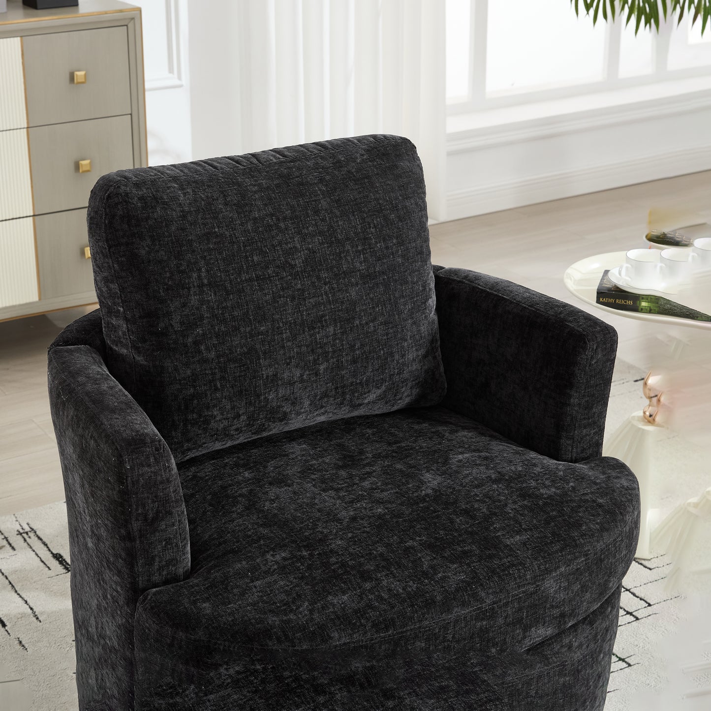 Vanity Chair,Swivel Accent Chair, 360 Degree Round Swivel Barrel Chair, Upholstered Comfy Swivel Chairs for Living Room,Accent Chairs for Bedroom, Reading Room,Powder Room,Black image 11