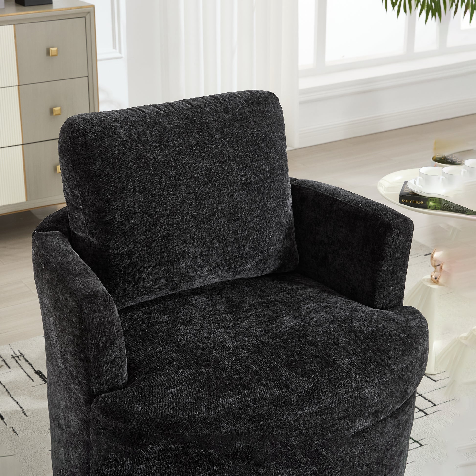 Vanity Chair,Swivel Accent Chair, 360 Degree Round Swivel Barrel Chair, Upholstered Comfy Swivel Chairs for Living Room,Accent Chairs for Bedroom, Reading Room,Powder Room,Black image 11