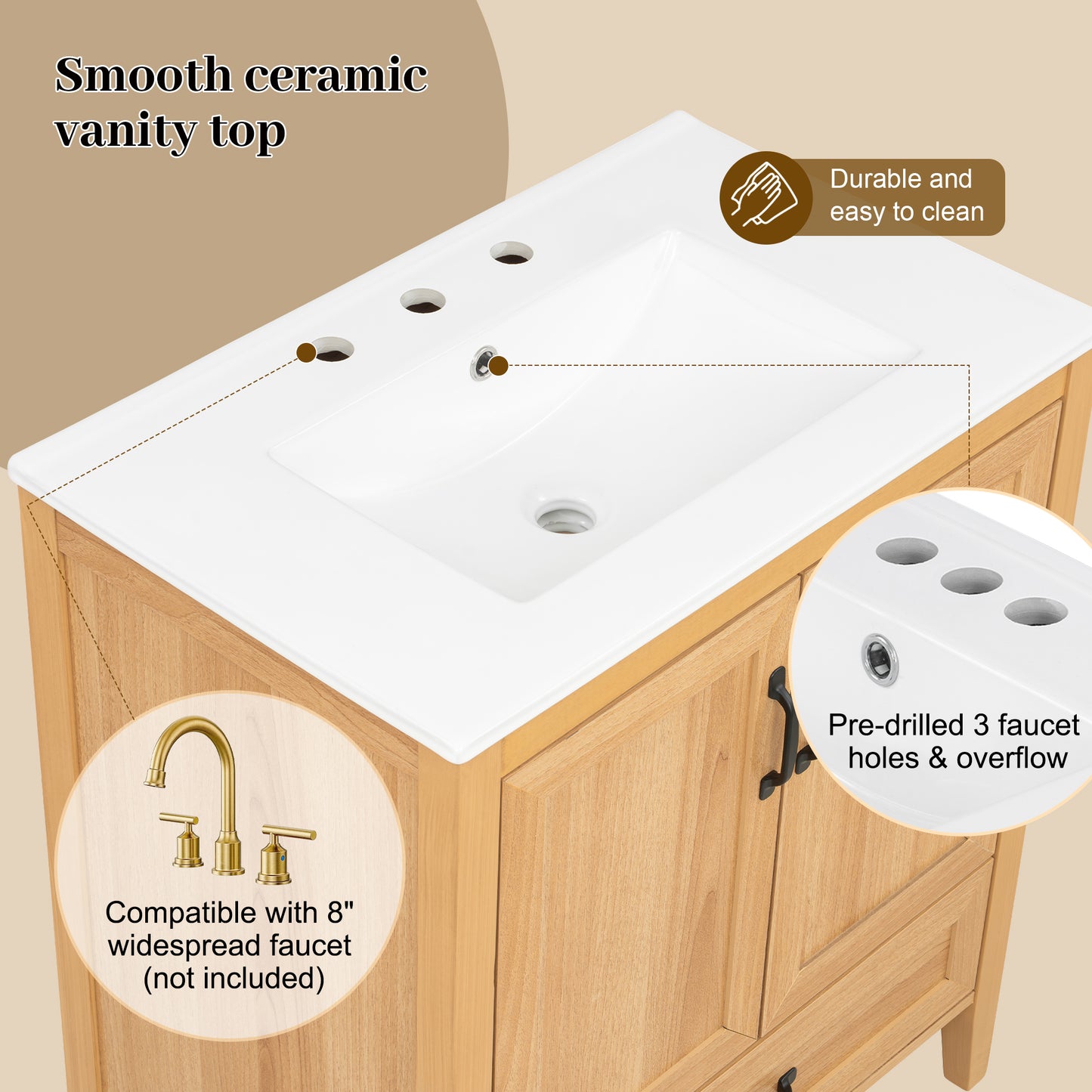 [Video] 30" Natural Wood Grain Bathroom Vanity with Ceramic Sink Top, Solid Wood Legs, Soft-Close Double Doors & Bottom Drawer, Adjustable Interior Shelf, Door-mounted Organizers image 7