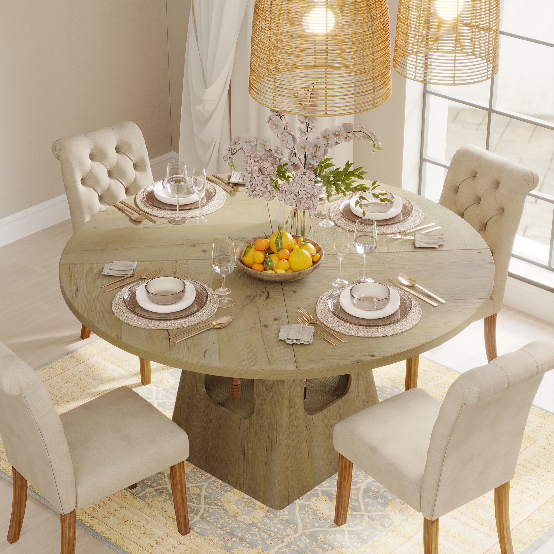 Round Dining Table for 4-6,47 Inch Round Dinner Table with Wooden Tabletop and Storage Base,Farmhouse Dining Table,Wood Kitchen Table for Dining Room,Kitchen, Living Room,Natural(Table Only) image 5