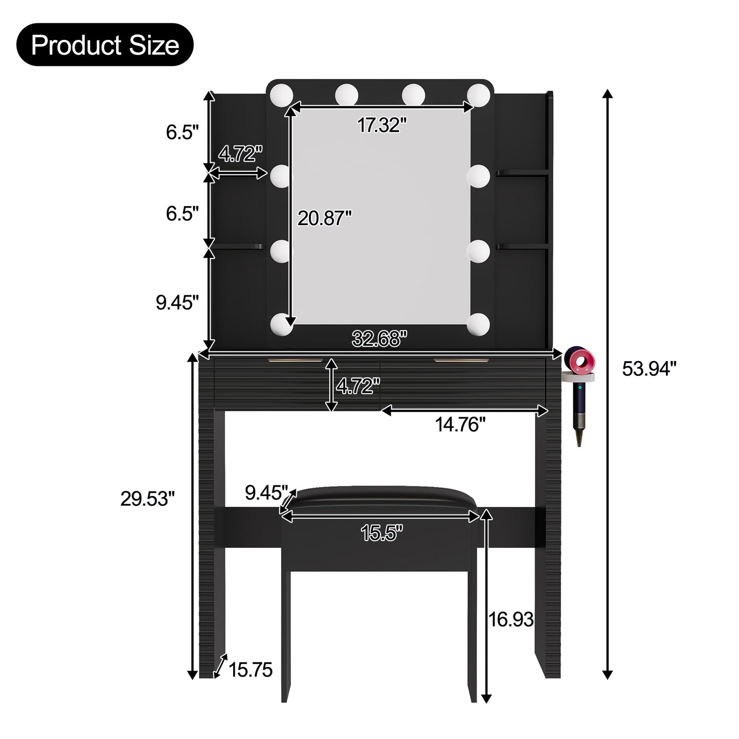 Makeup Vanity Desk with 10 Hollywood Bulbs, Fluted Dressing Table with Charging Station, 2 Drawers and 4 Open Shelves, Hairdryer Holder, Padded Stool with Storage, Black image 6