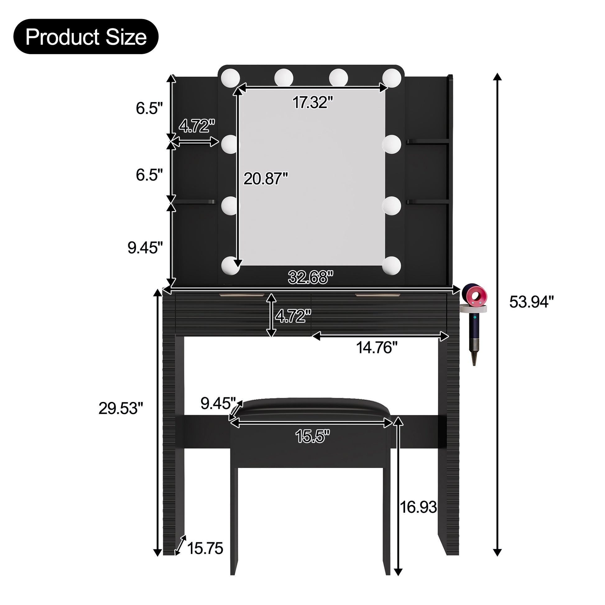 Makeup Vanity Desk with 10 Hollywood Bulbs, Fluted Dressing Table with Charging Station, 2 Drawers and 4 Open Shelves, Hairdryer Holder, Padded Stool with Storage, Black image 6