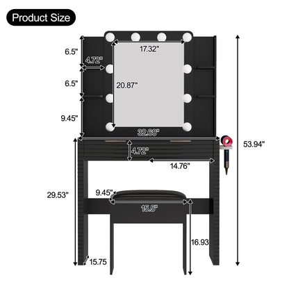Makeup Vanity Desk with 10 Hollywood Bulbs, Fluted Dressing Table with Charging Station, 2 Drawers and 4 Open Shelves, Hairdryer Holder, Padded Stool with Storage, Black image 6