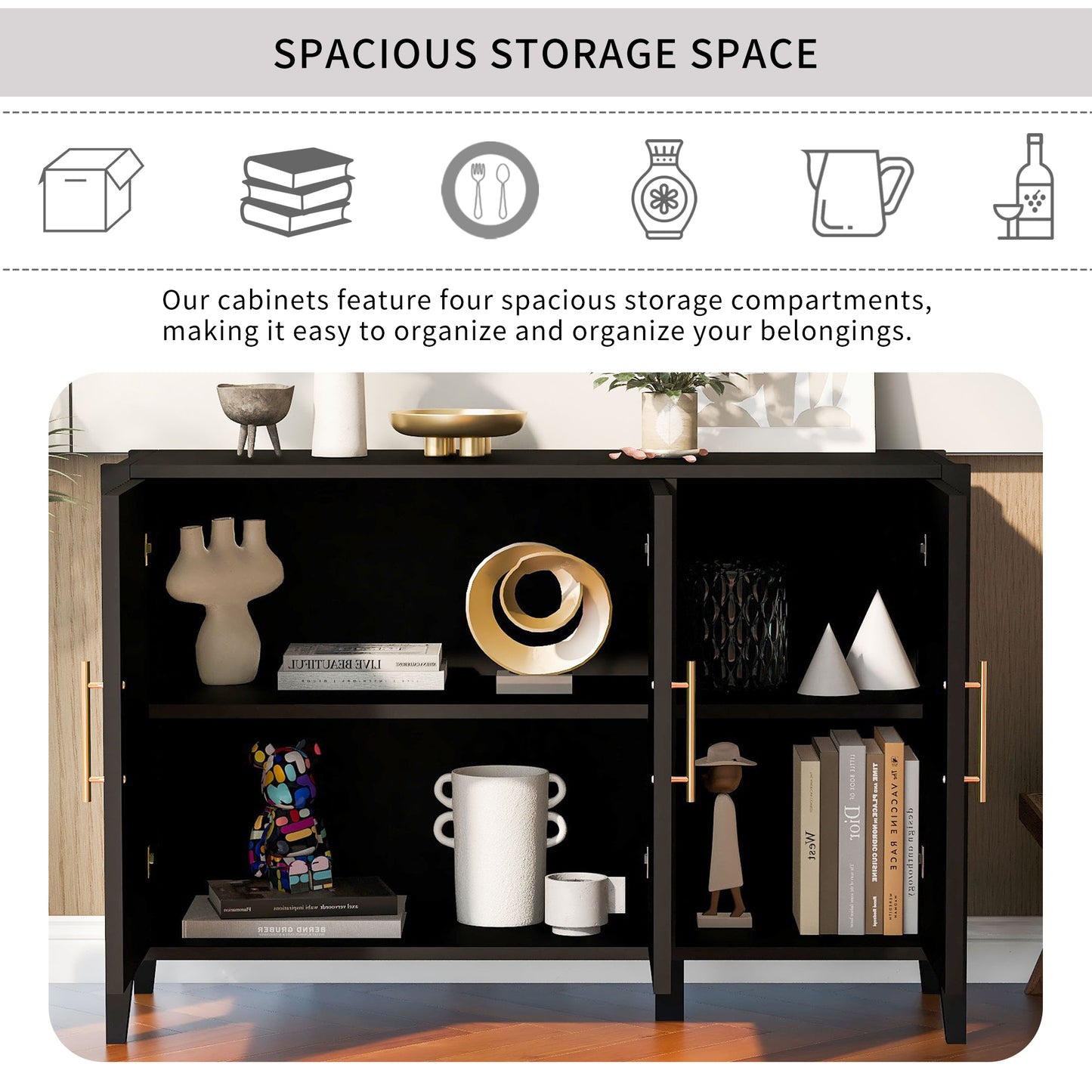 U-Style Wavy 3-Door Sideboard with Solid Pine Legs, Painted Finish Storage Cabinet with American Style for Living Room, Entryway, Kitchen, and Home Office. image 6