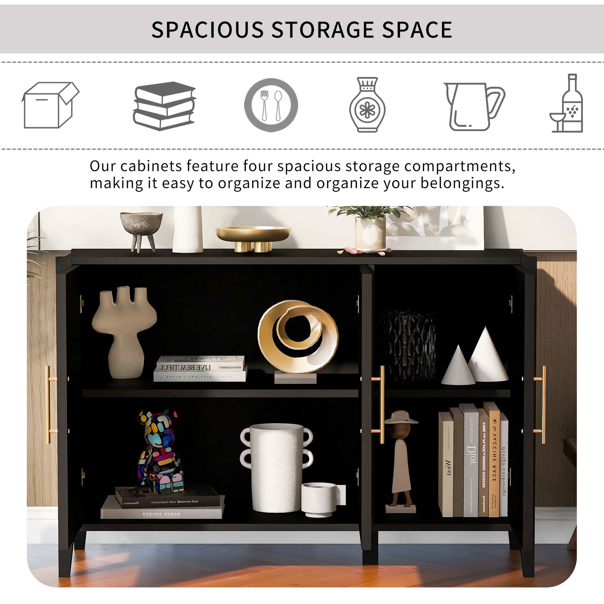 U-Style Wavy 3-Door Sideboard with Solid Pine Legs, Painted Finish Storage Cabinet with American Style for Living Room, Entryway, Kitchen, and Home Office. image 6