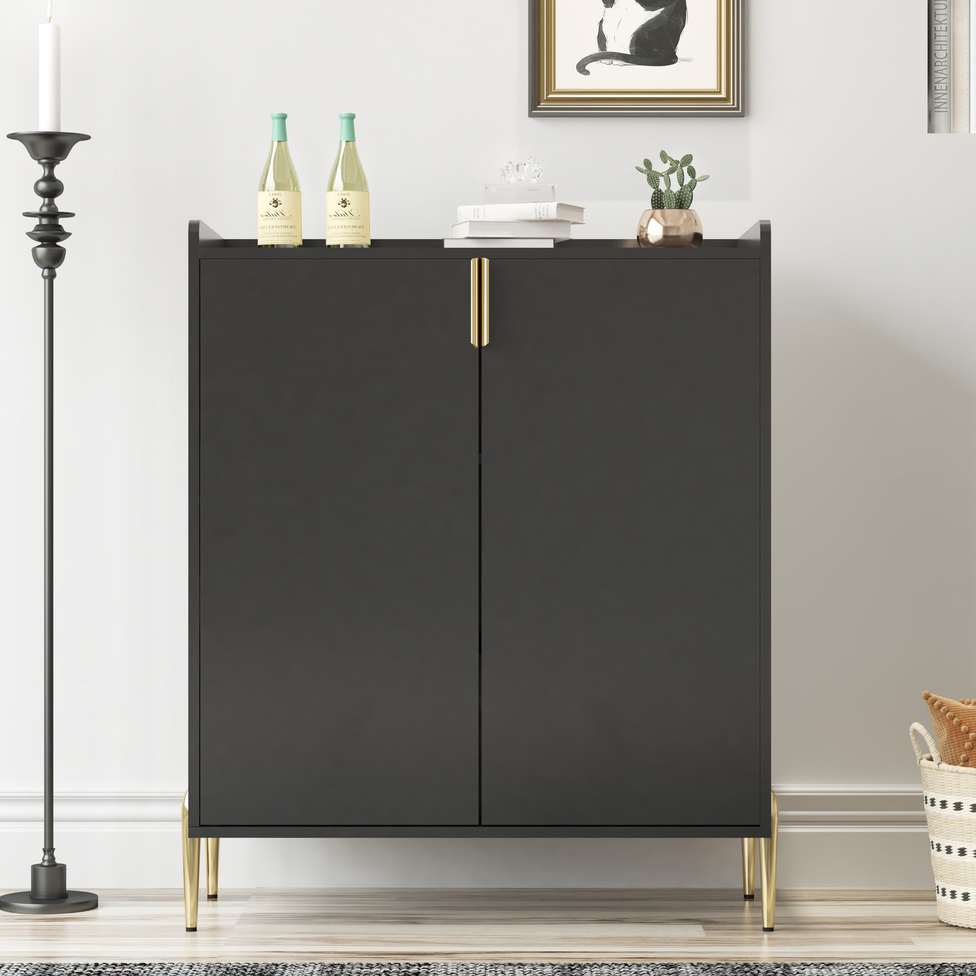 2 doors home wine bar cabinet with wine rack & adjustable storage shelf, modern sideboard with soft-closing hinge, dinning room buffet cabinet, Liquor Cabinet kitchen, living room coffee cart BLACK image 1