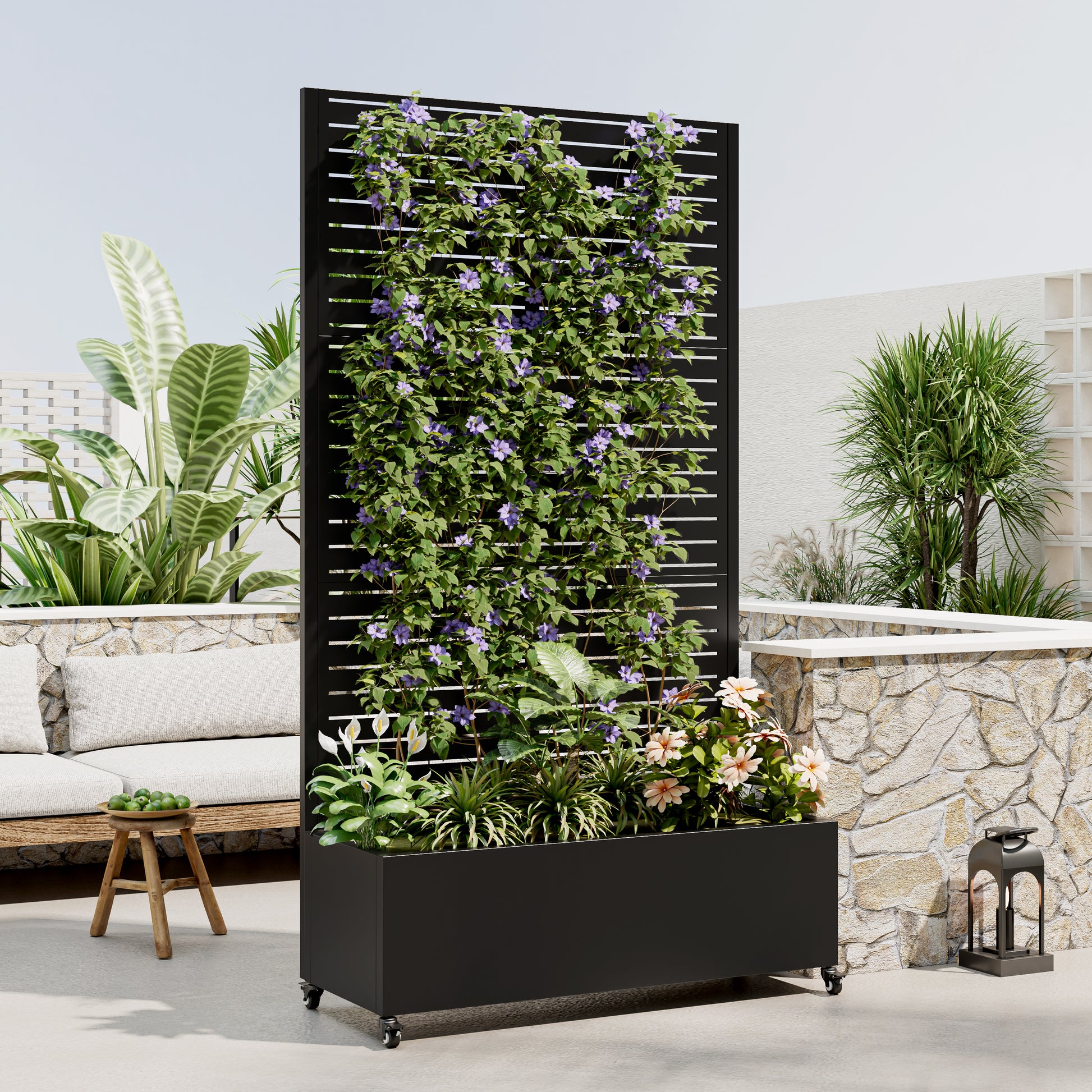 Metal Planter Box with Trellis, 73"x35"x16 Metal Raised Garden Bed with Trellis, Metal Planter Box with Drainage Holes & Lockable Wheels & Privacy Screen for Climbing Plants, Vegetables, Vines image 3