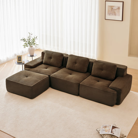 117" Modern L-Shaped Modular Sectional Sofa for Living Room, Corduroy Fabric,3-Seater Couch with Deep Seat and Movable Ottoman,Pearl-like piping, Tufted Design,No Assembly, Anti-slip Design​, Brown image 1
