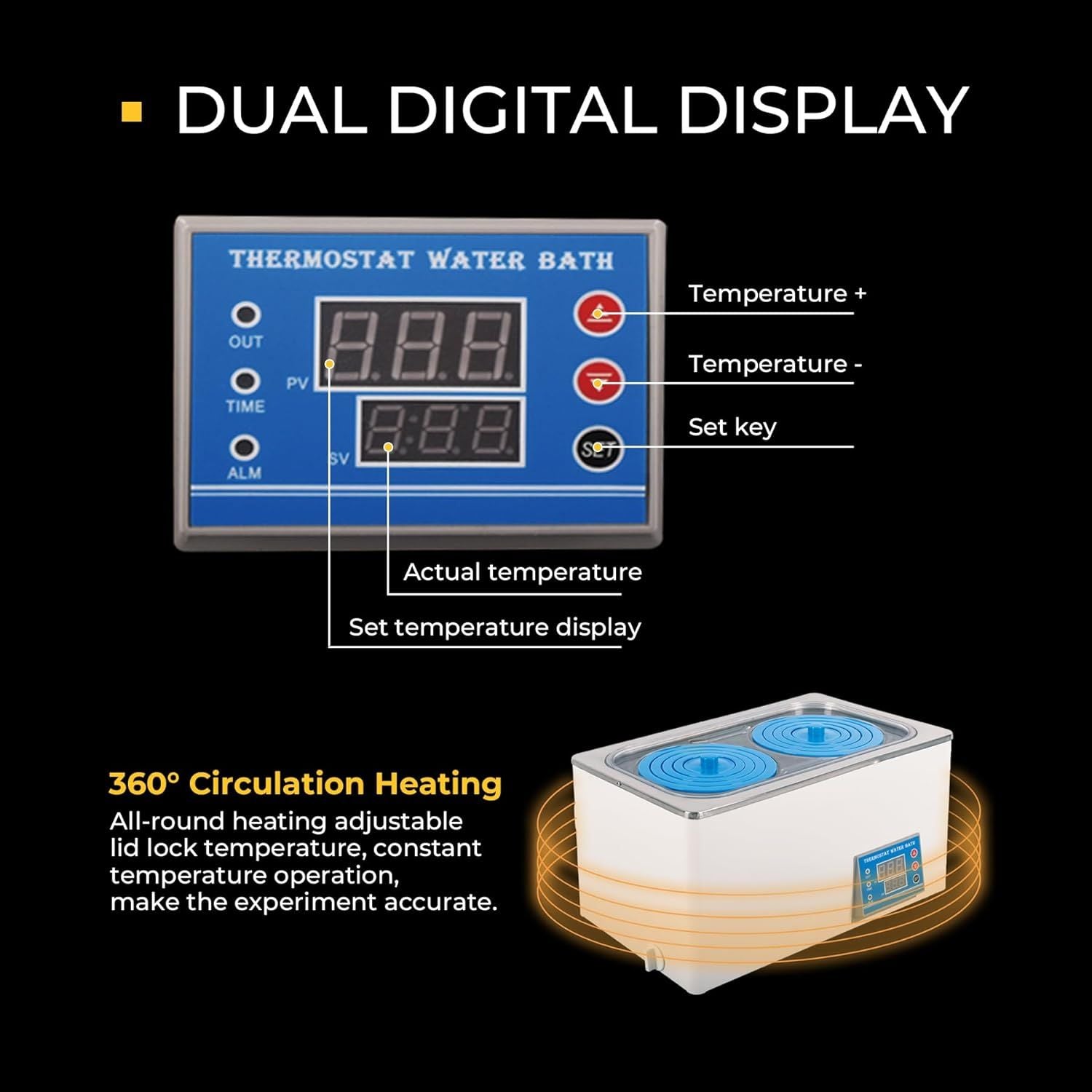 7L Thermostatic Water Bath, 600W Digital Lab Water Bath Heater with 2 Selectable Openings for Lab Use Chemical Biologica image 5