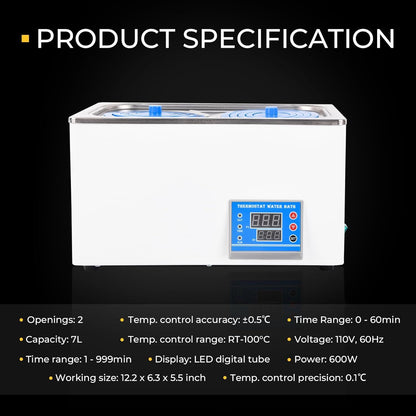 7L Thermostatic Water Bath, 600W Digital Lab Water Bath Heater with 2 Selectable Openings for Lab Use Chemical Biologica image 3