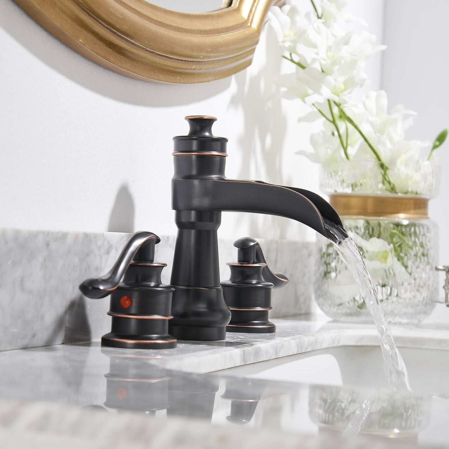 8 in. Waterfall Widespread 2-Handle Bathroom Faucet With Pop-up Drain Assembly in Spot Resist Brushed Nickel Oil Rubbed  image 2
