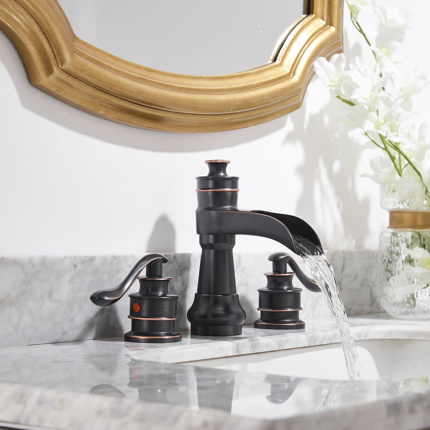 8 in. Waterfall Widespread 2-Handle Bathroom Faucet With Pop-up Drain Assembly in Spot Resist Brushed Nickel Oil Rubbed  image 6