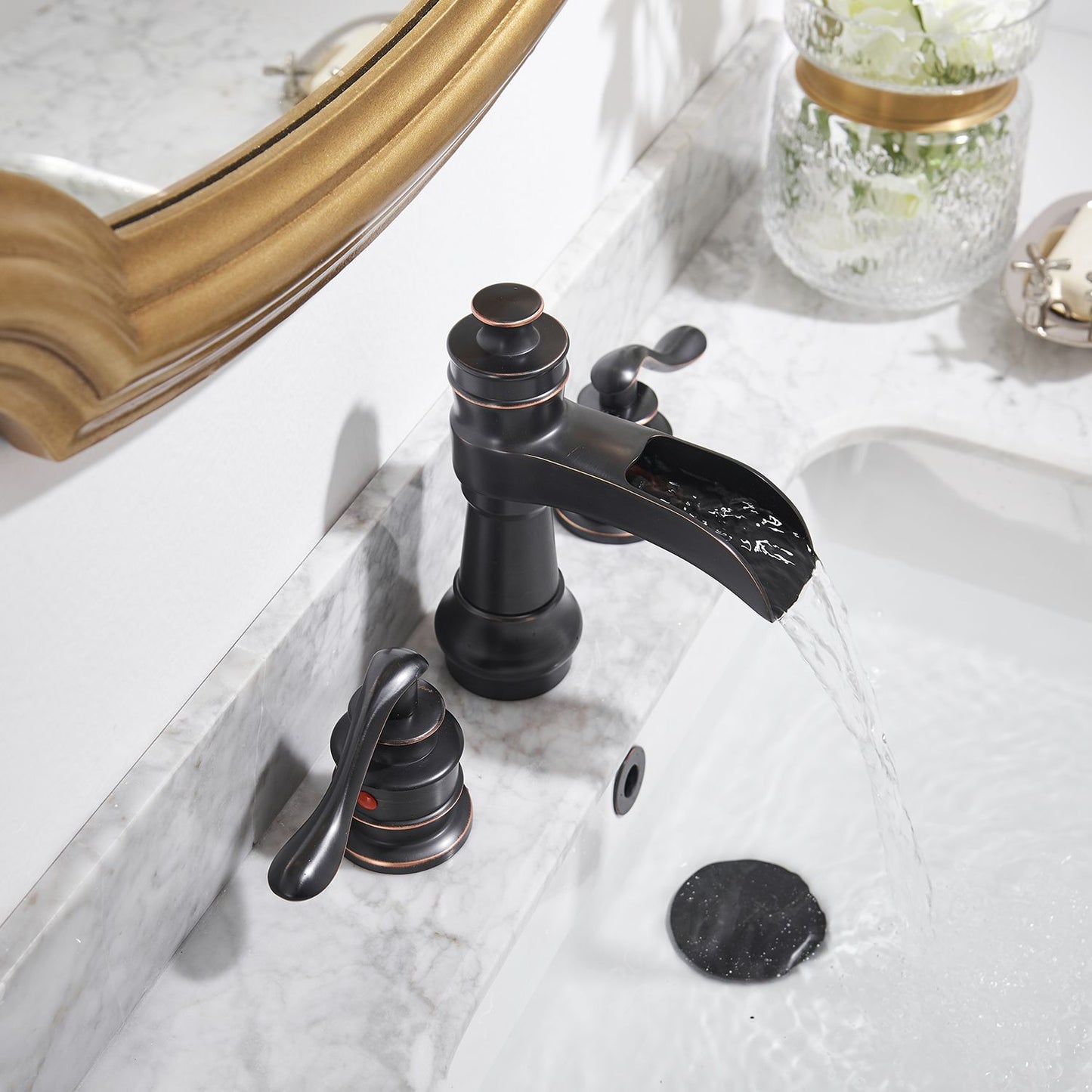 8 in. Waterfall Widespread 2-Handle Bathroom Faucet With Pop-up Drain Assembly in Spot Resist Brushed Nickel Oil Rubbed  image 3