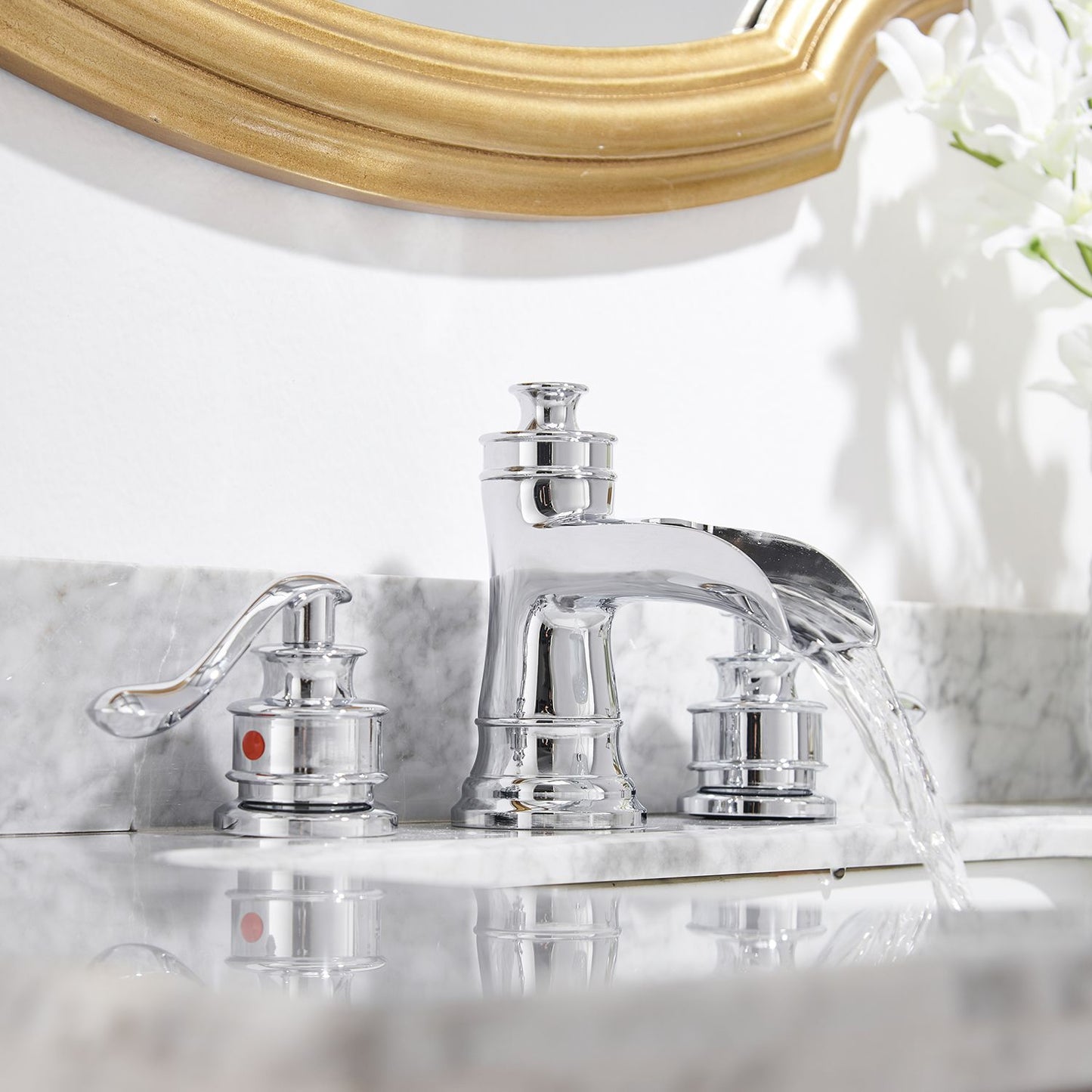 8 in. Waterfall Widespread 2-Handle Bathroom Faucet With Pop-up Drain Assembly in Spot Resist Polished Chrome image 5