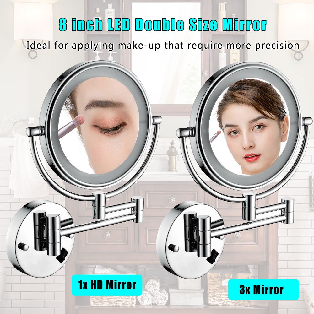 8 Inch LED Wall Mount Two-Sided Magnifying Makeup Vanity Mirror, 12 Inch Extension Chrome Finish, 1X/3X Magnification, 3 image 7
