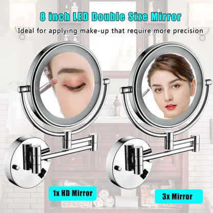 8 Inch LED Wall Mount Two-Sided Magnifying Makeup Vanity Mirror, 12 Inch Extension Chrome Finish, 1X/3X Magnification, 3 image 7