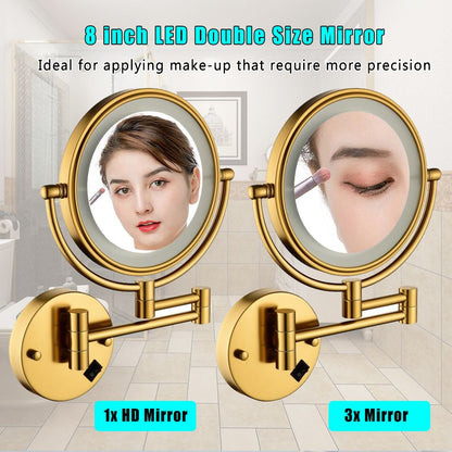 8 Inch LED Wall Mount Two-Sided Magnifying Makeup Vanity Mirror, 12 Inch Extension Gold Finish, 1X/3X Magnification, 360 image 2