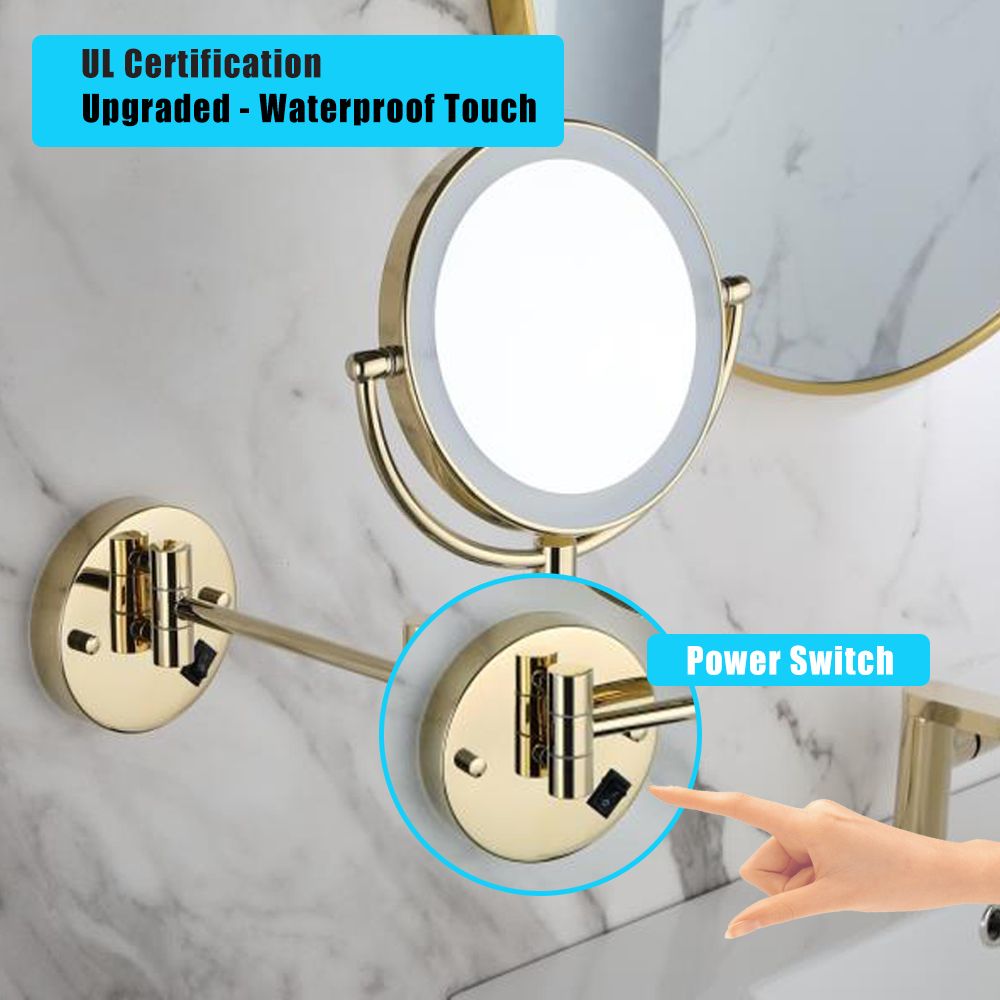 8 Inch LED Wall Mount Two-Sided Magnifying Makeup Vanity Mirror, 12 Inch Extension Gold Finish, 1X/3X Magnification, 360 image 4