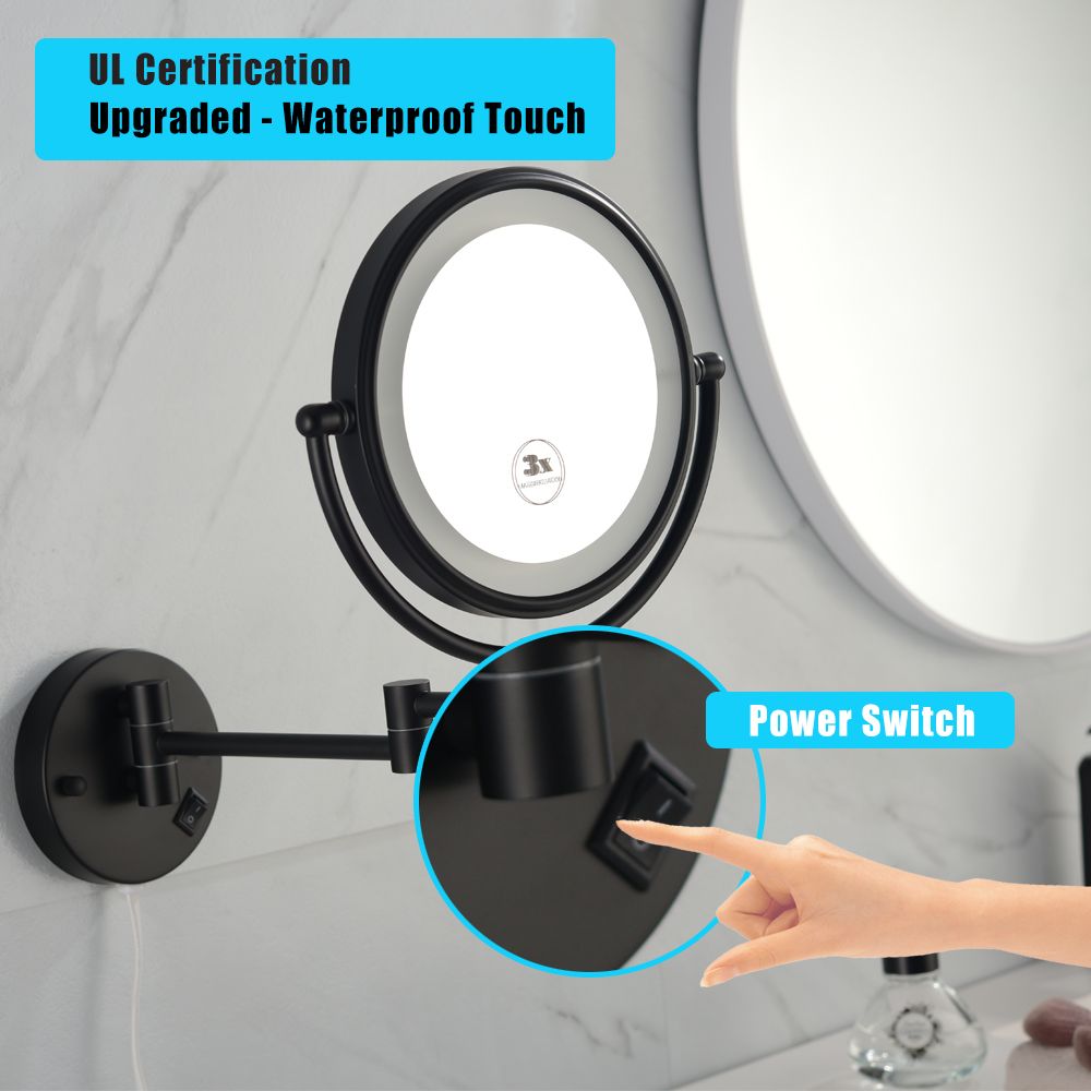 8 Inch LED Wall Mount Two-Sided Magnifying Makeup Vanity Mirror, 12 Inch Extension Matte Black, 1X/3X Magnification, 360 image 2