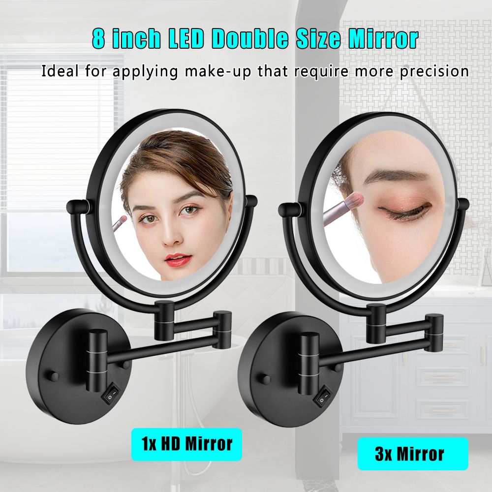 8 Inch LED Wall Mount Two-Sided Magnifying Makeup Vanity Mirror, 12 Inch Extension Matte Black, 1X/3X Magnification, 360 image 4