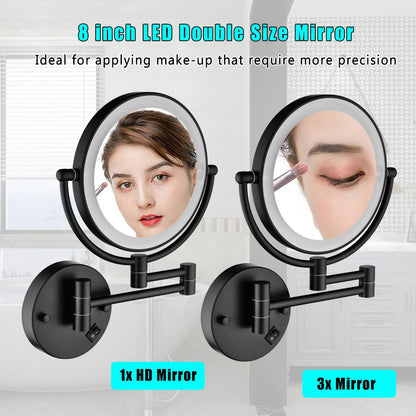 8 Inch LED Wall Mount Two-Sided Magnifying Makeup Vanity Mirror, 12 Inch Extension Matte Black, 1X/3X Magnification, 360 image 4