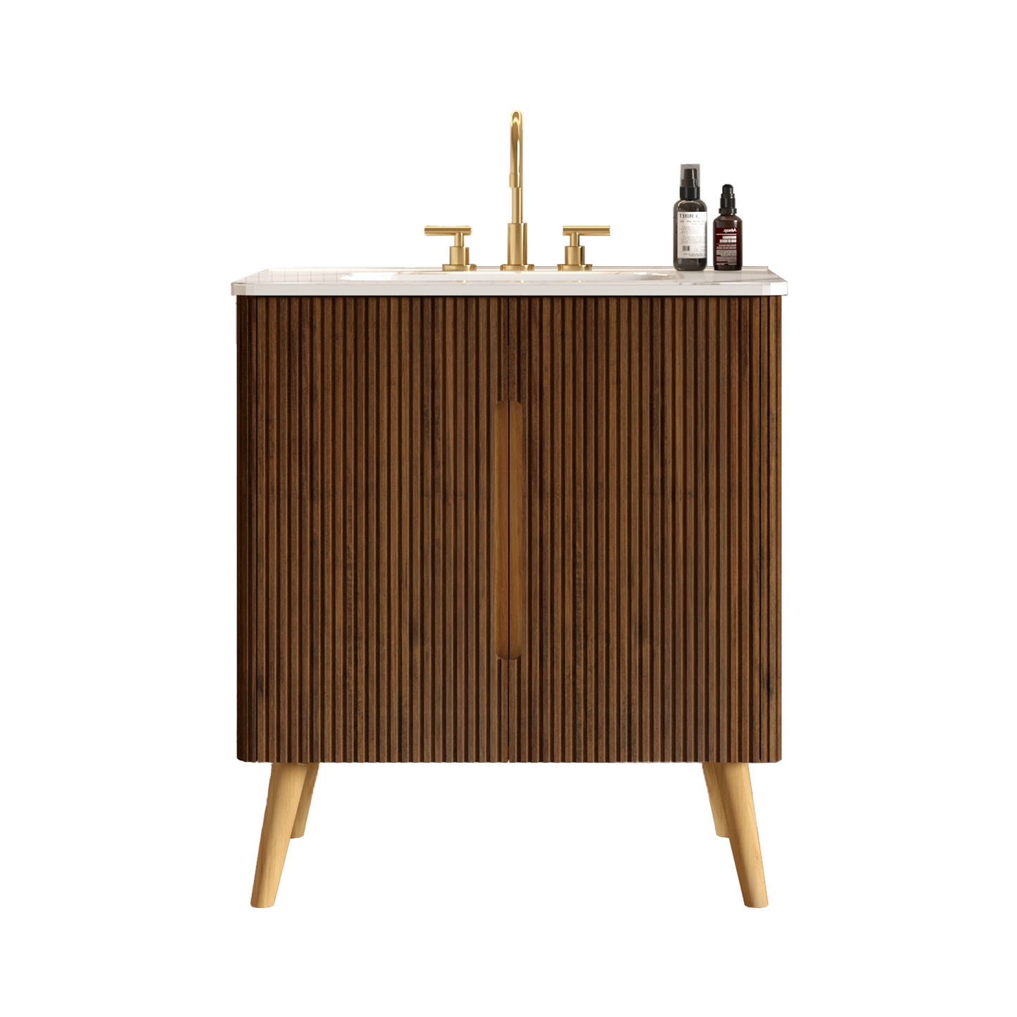 Etna 30"F Striped Walnut Bathroom Vanity with Carrara White Sink, Freestanding & Wall Mounted Bathroom Cabinet Options for Modern Bathrooms, KD image 3