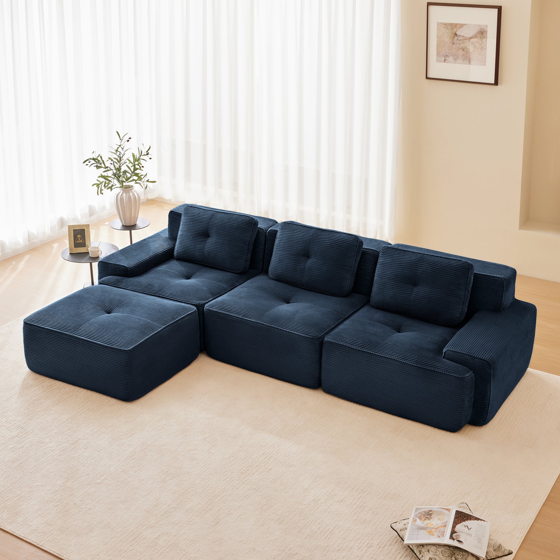 117" Modern L-Shaped Modular Sectional Sofa for Living Room, Corduroy Fabric,3-Seater Couch with Deep Seat and Movable Ottoman,Pearl-like piping, Tufted Design,No Assembly, Anti-slip Design​, Blue image 1