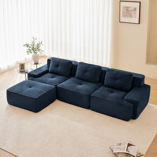 117" Modern L-Shaped Modular Sectional Sofa for Living Room, Corduroy Fabric,3-Seater Couch with Deep Seat and Movable Ottoman,Pearl-like piping, Tufted Design,No Assembly, Anti-slip Design​, Blue image 1