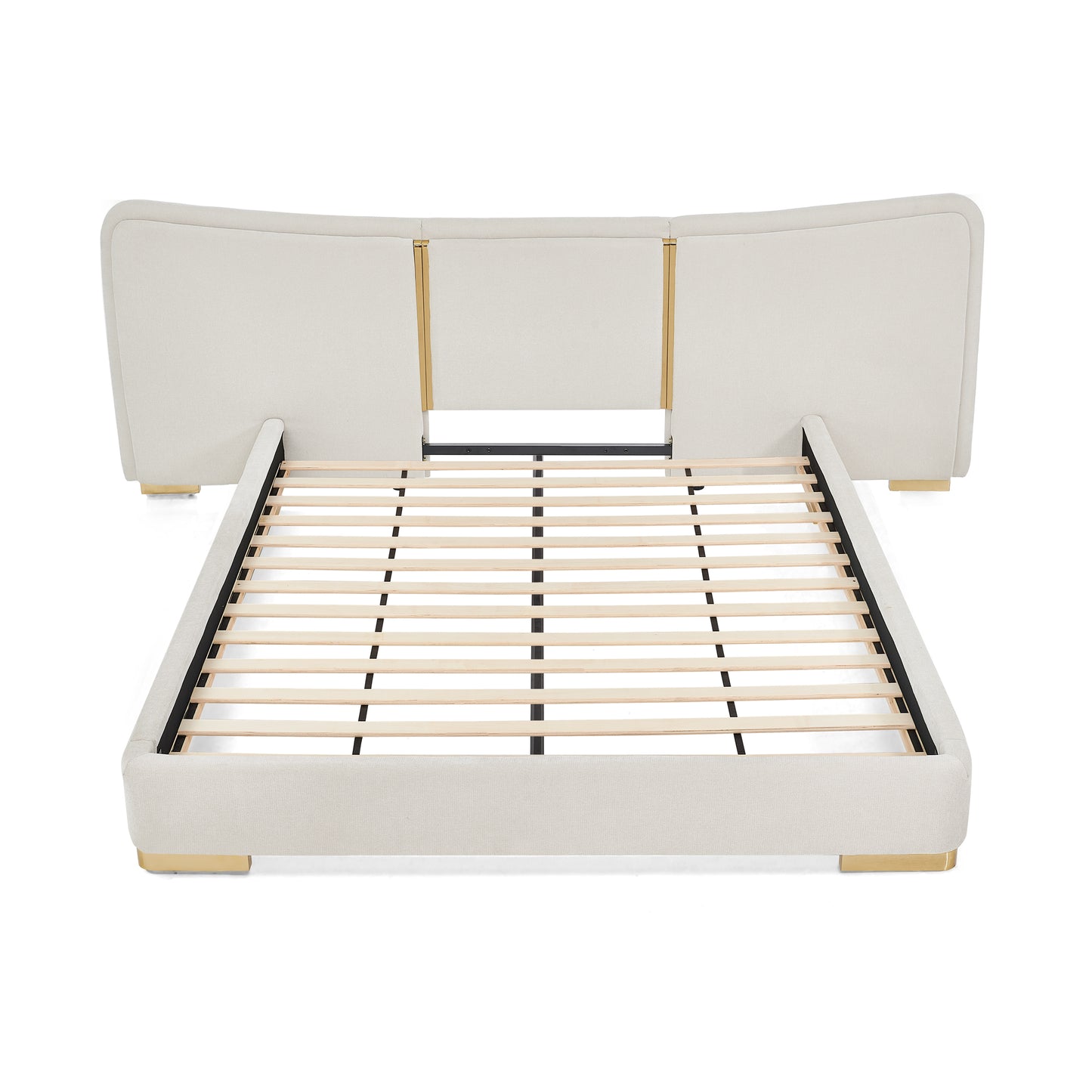 Queen Size Extra Large Platform Bed, Soft Chenille Fabric Frame, Curved Headboard, Reinforced Electroplated Metal Legs, Flexible DIY Side Space Design-Beige image 9