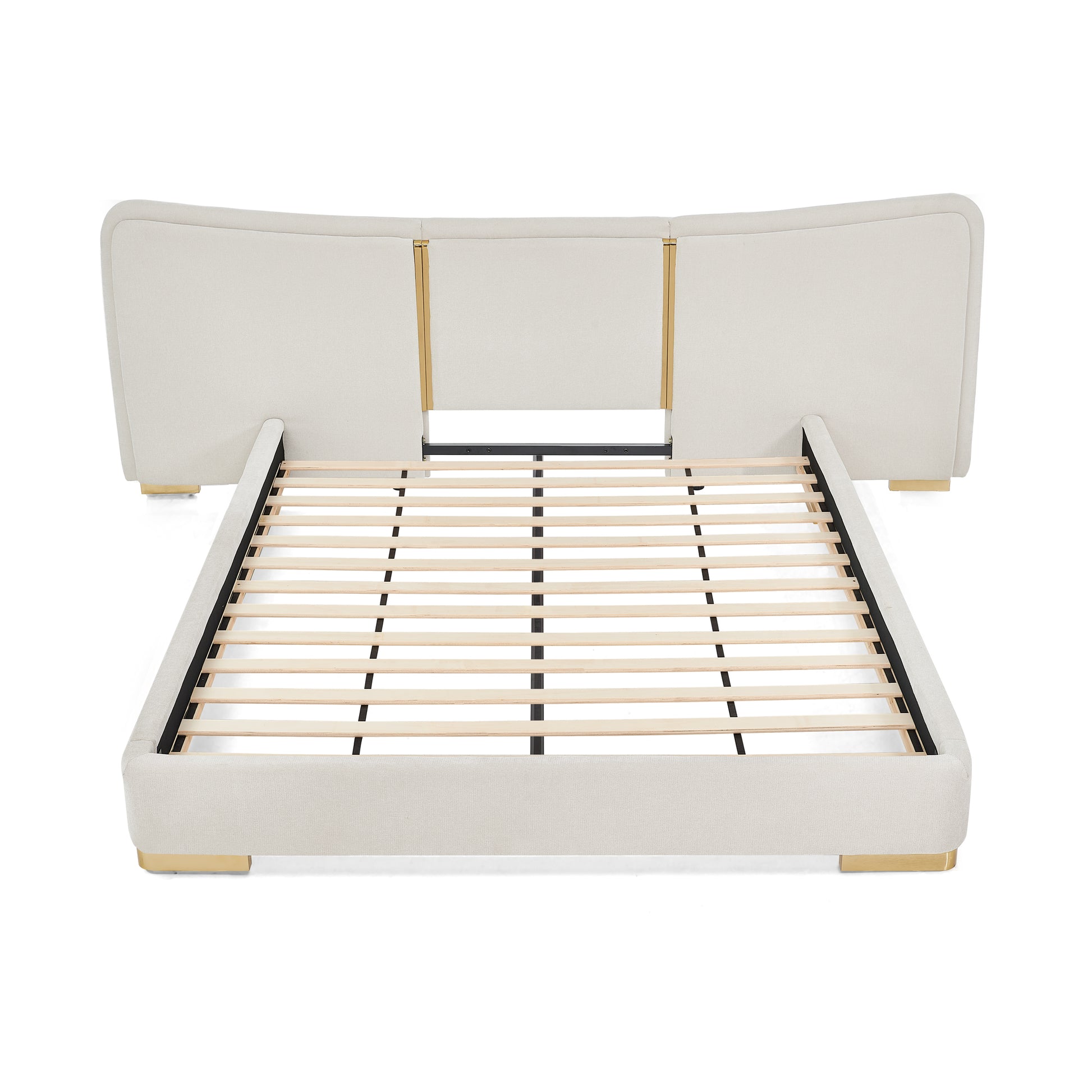 Queen Size Extra Large Platform Bed, Soft Chenille Fabric Frame, Curved Headboard, Reinforced Electroplated Metal Legs, Flexible DIY Side Space Design-Beige image 9