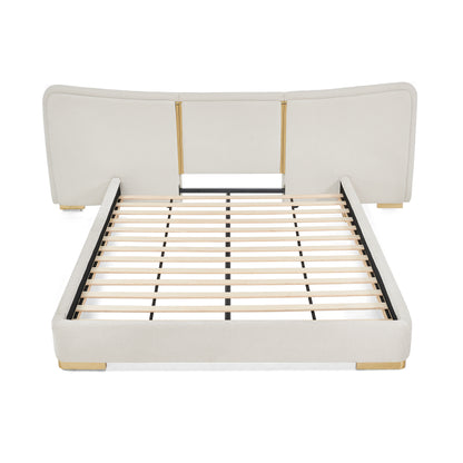 Queen Size Extra Large Platform Bed, Soft Chenille Fabric Frame, Curved Headboard, Reinforced Electroplated Metal Legs, Flexible DIY Side Space Design-Beige image 9