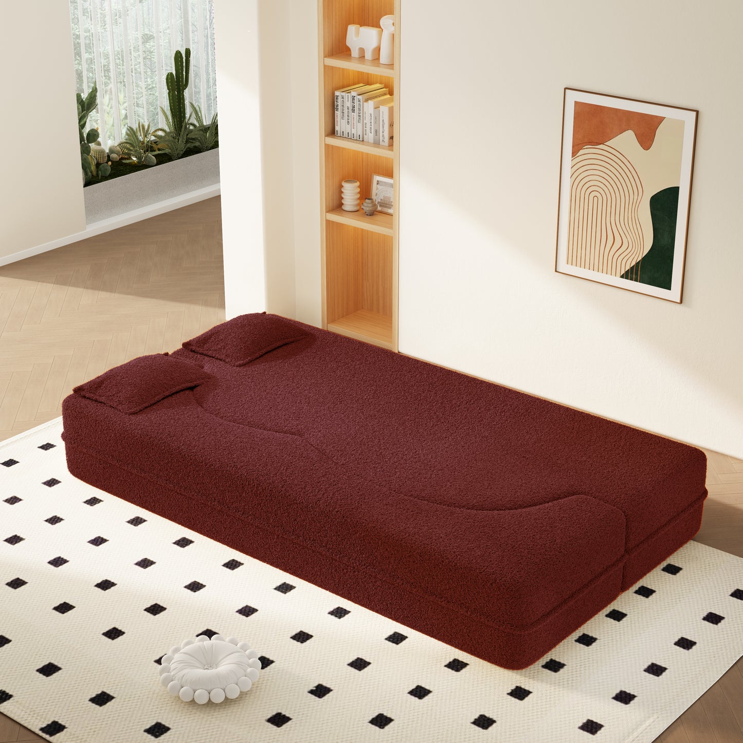 Modern Floor Sofa with 2 Pillows,Convertible Sherpa Fleece Fabric Foam-Filled Sleeper Sofa Bed,15" Twin Size Folding Mattress for Living Room,Guest Bed,Playroom,no assembly required,Burgundy image 2