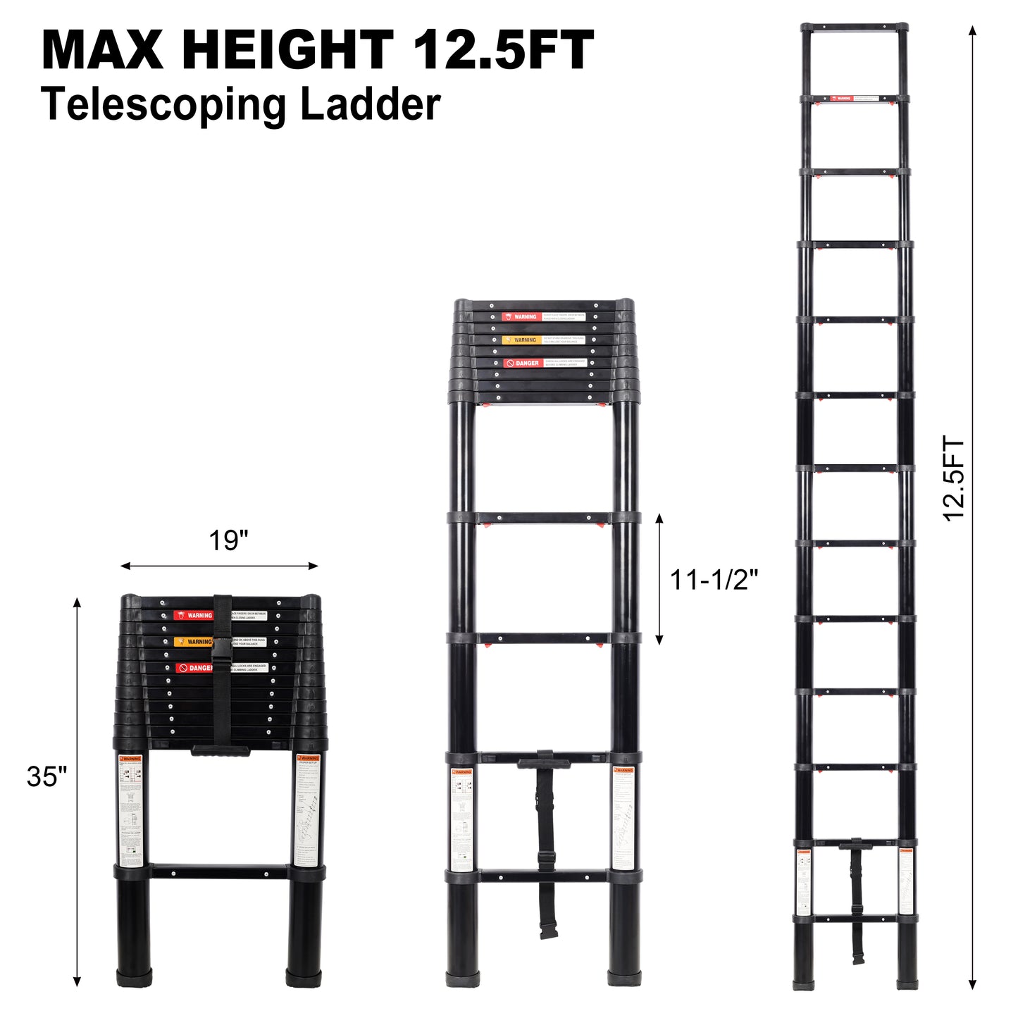 12.5FT Telescopic Ladder Aluminum Ladder with Non-Slip Feet, Slow Down Safety Function Portable Extension Ladder for Household and Outdoor Working, 330lb Capacity Black image 11