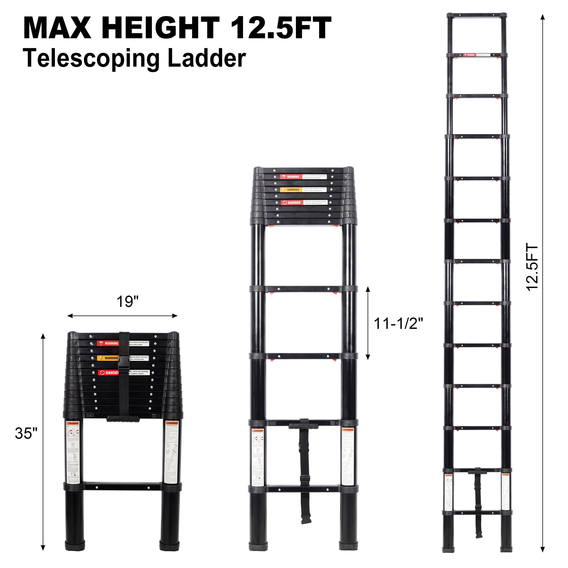 12.5FT Telescopic Ladder Aluminum Ladder with Non-Slip Feet, Slow Down Safety Function Portable Extension Ladder for Household and Outdoor Working, 330lb Capacity Black image 11