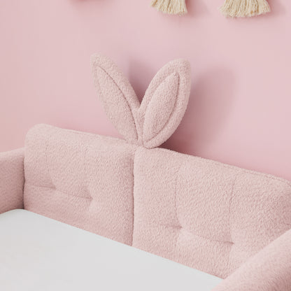 Twin Size Upholstered Platform Bed with Cute Rabbit Ear Shaped Headboard, with Safety Rail and Pocket, Boucle Fabric, Pink image 7
