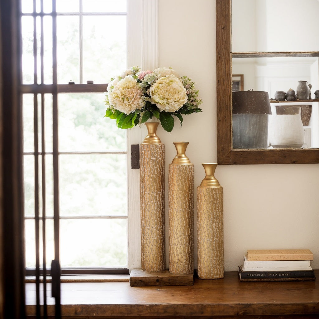 Metal decorative vases High distress metal center vases with growing vine patterns, set of 3 vases for home decoration 34 ", 29 ", 25 "H, gold image 5