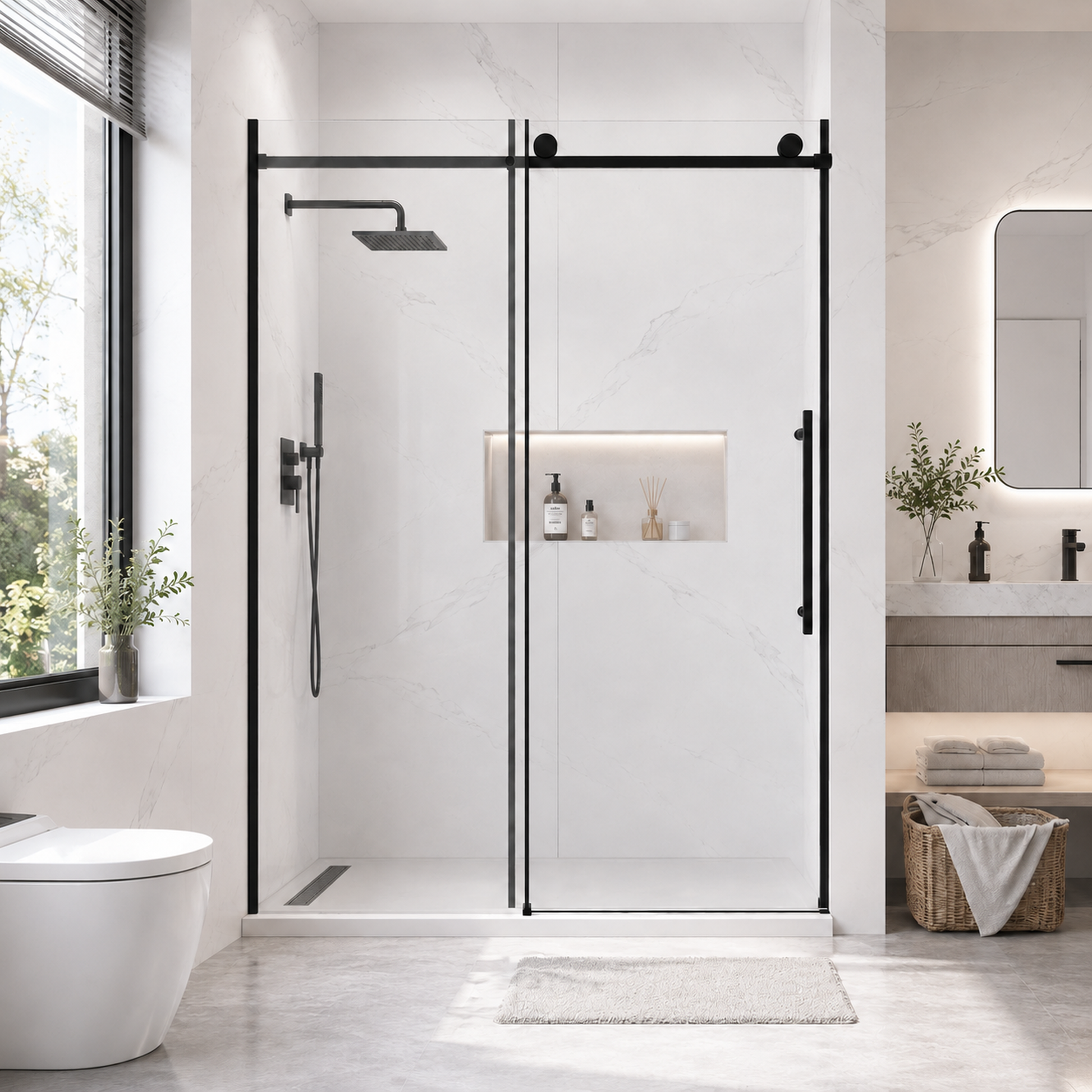 60" W x 73" H Soft Closing Sliding Frameless Black Shower Doors,8mm Easy-Clean Explosion-Proof Tempered Glass, Matt Black image 1