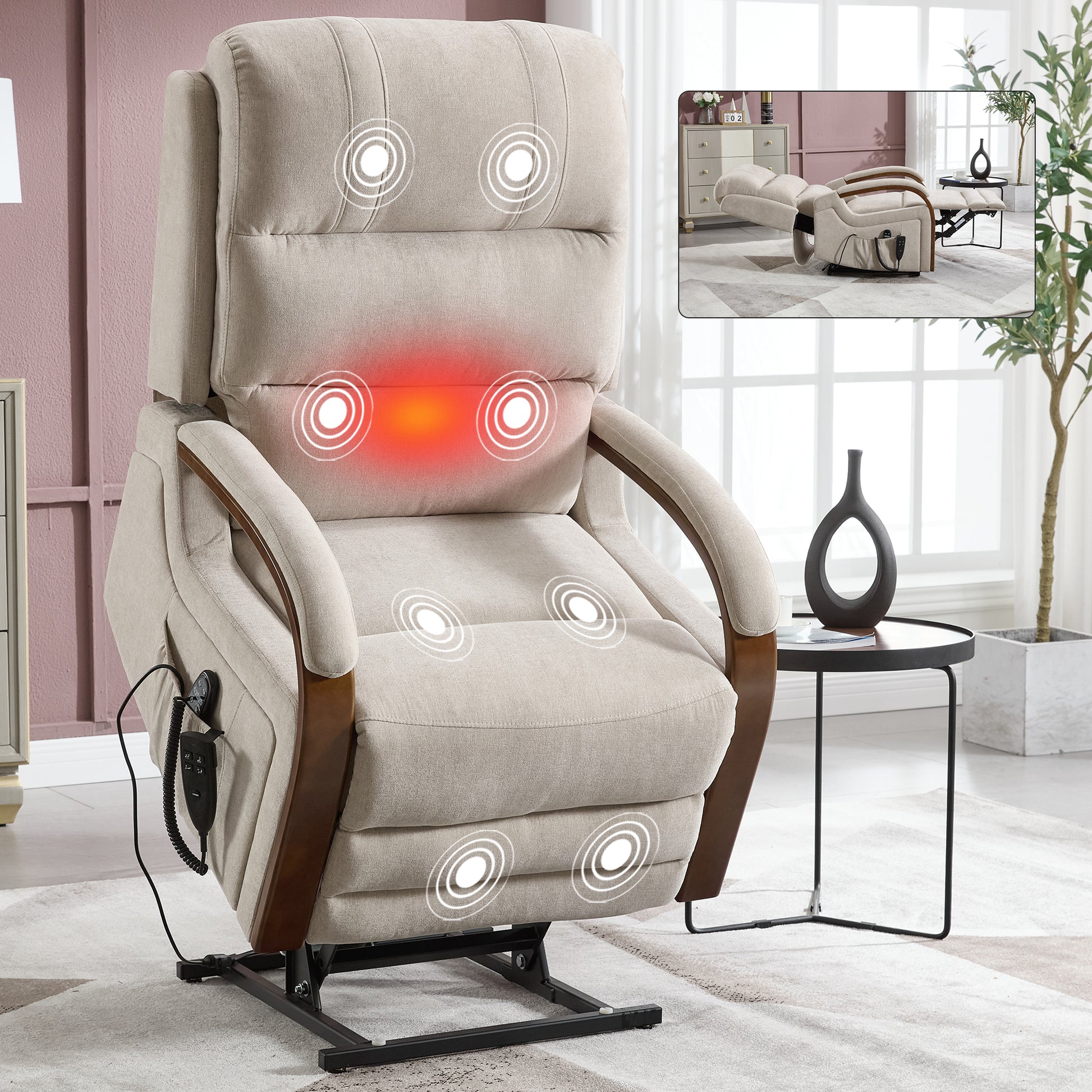 Power Beige Chenille Lift Recliner Chair Dual Motor Infinite Position Up to 350 LBS with Solid Wood Armrests, Heat Massage and Heavy Duty Motion Mechanism image 11