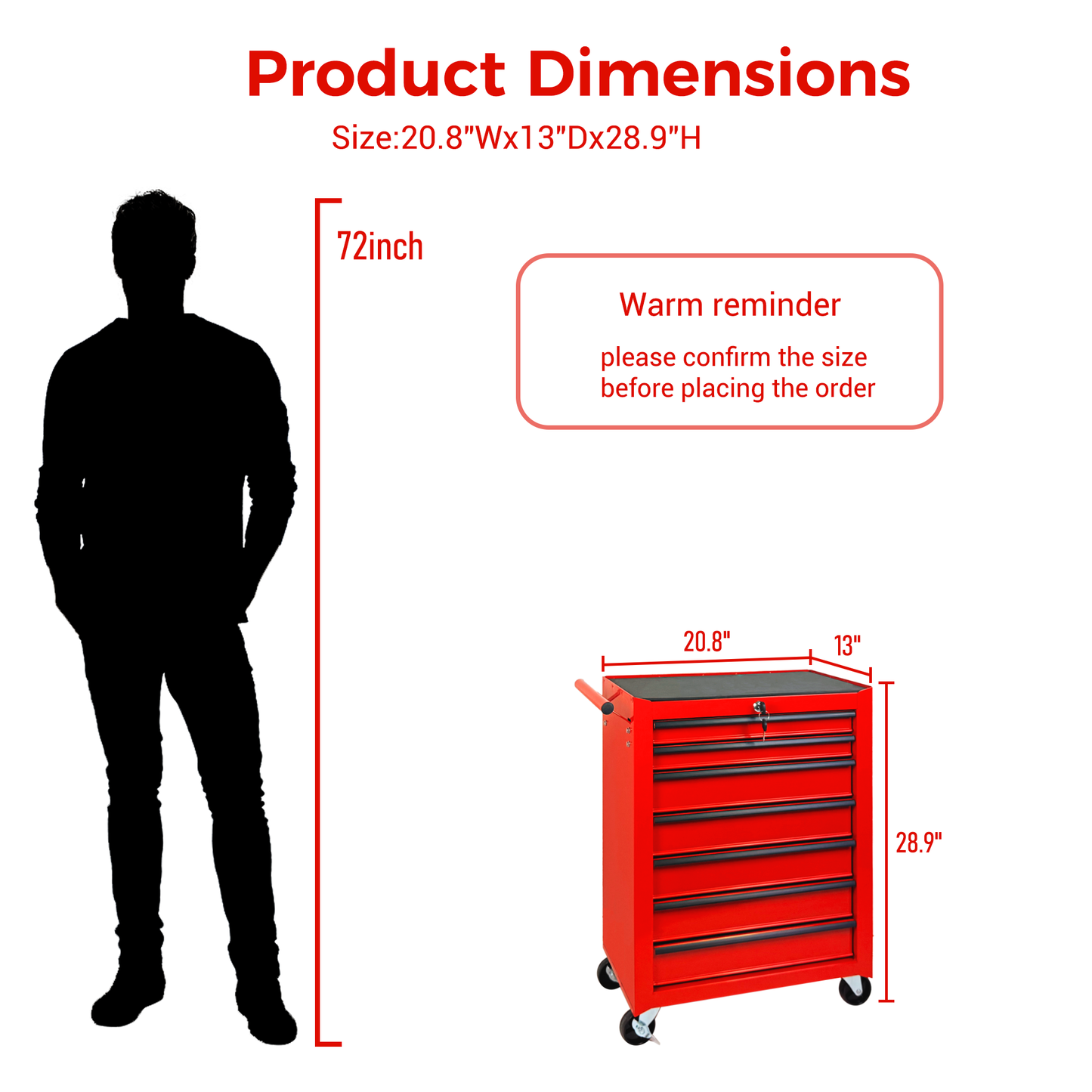 Rolling Metal Tool Chest with 7 Drawers, 20" 7-Drawer Tool Chest Cabinet with Ball Bearing Drawer Slides, Steel Tool Storage Box Organizer -RED image 9