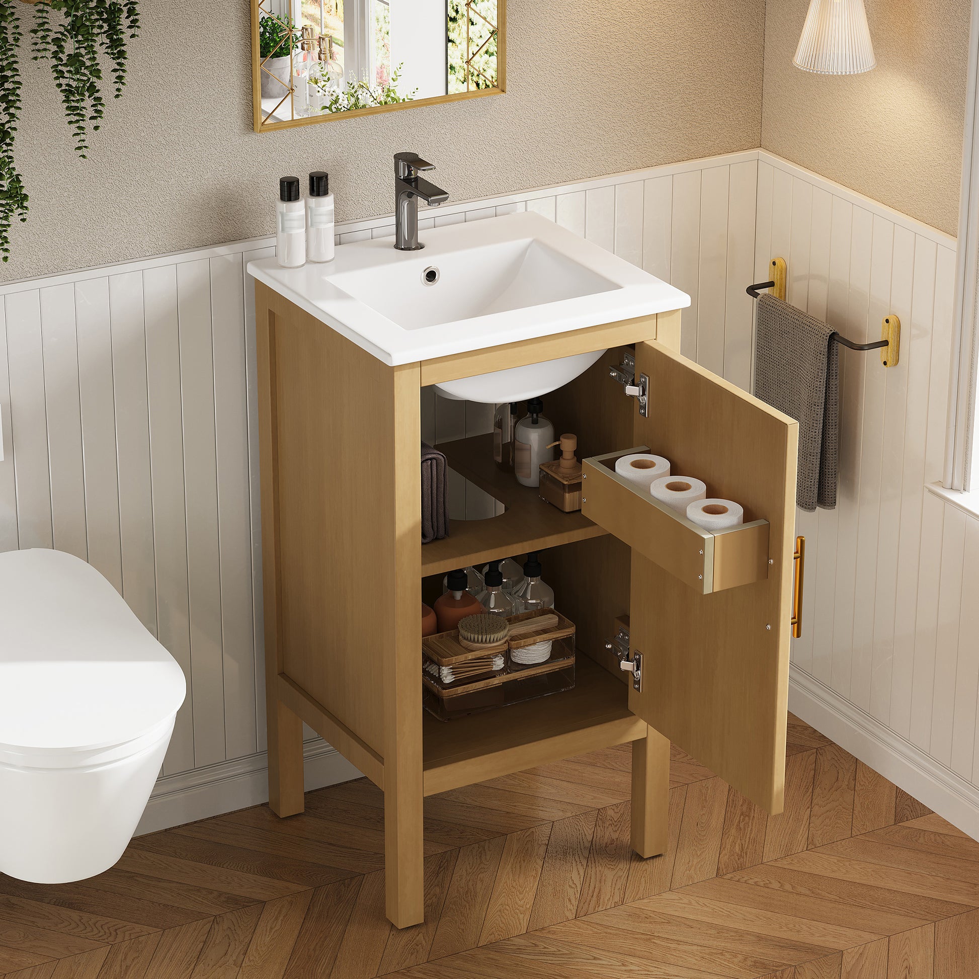 18" Bathroom Cabinet with Storage, Small Space Solution with Ceramic Sink, Adjustable Shelf, Soft-Closing Hinges image 2