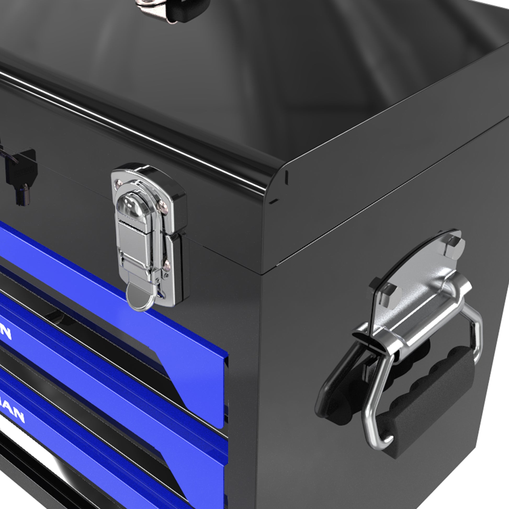 20'' Portable 3-Drawer Steel Toolbox, 4 Layers of Tools with Metal Latches, with Top Storage Tray and carrying Handle, Multi-Function Tool Storage for Garage, Home, or Workbench,Black&Blue image 5