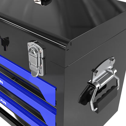 20'' Portable 3-Drawer Steel Toolbox, 4 Layers of Tools with Metal Latches, with Top Storage Tray and carrying Handle, Multi-Function Tool Storage for Garage, Home, or Workbench,Black&Blue image 5
