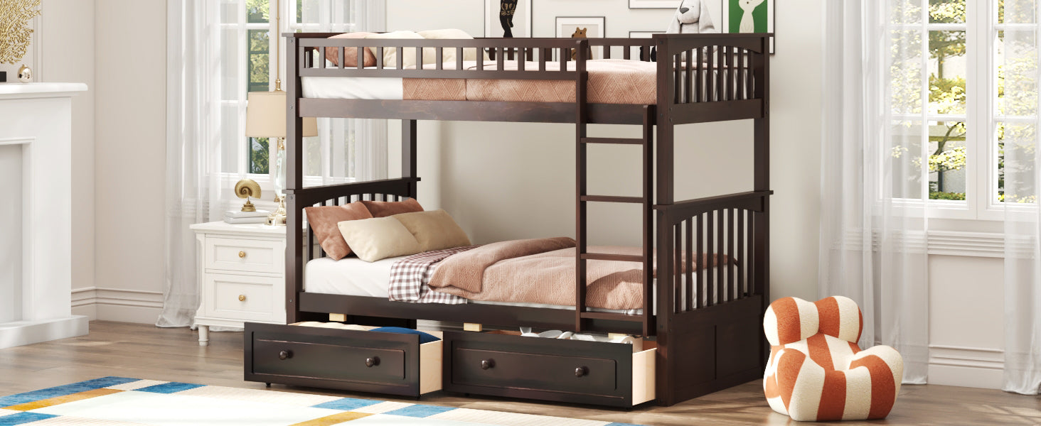 Twin over Twin Bunk Bed with Drawers, Convertible Beds, Espresso image 6
