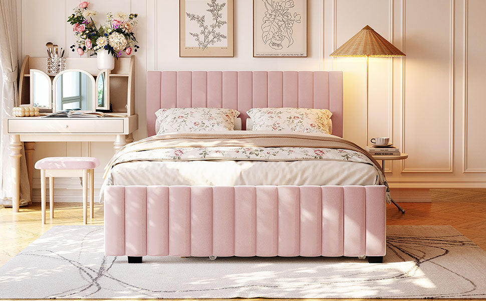Queen Size Velvet Upholstered Platform Bed with Twin XL Size Trundle, Pink image 11